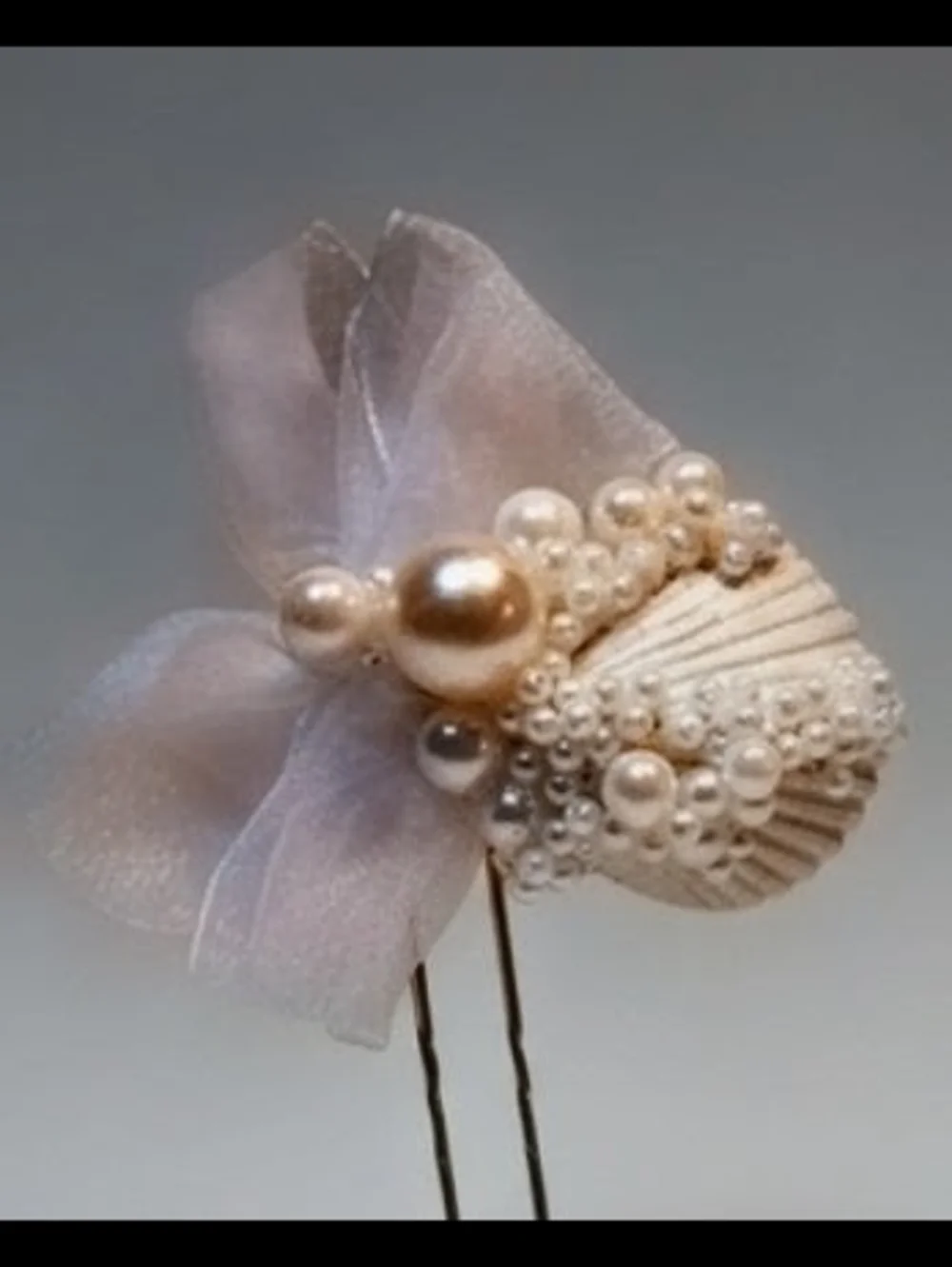 Pearl Seashell Bridal Hair Clip with Sheer Organza Bow